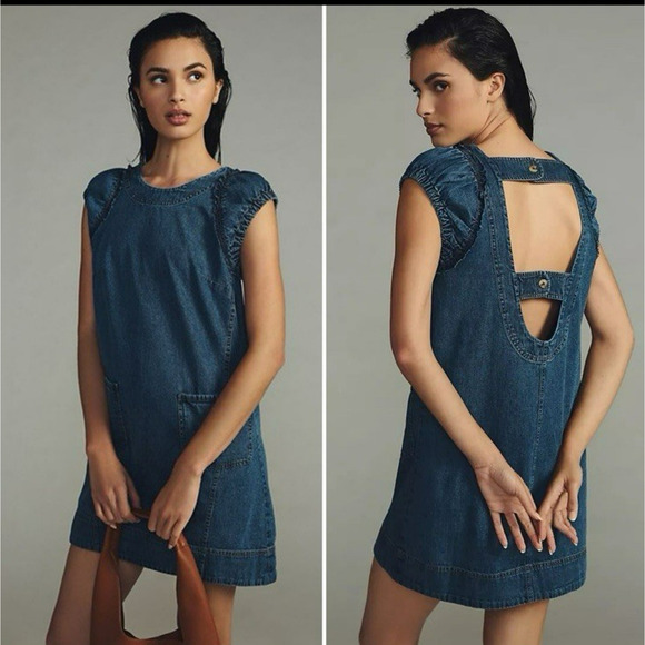 Anthropologie Pilcro Denim Mini Dress Size 14 Open Back Pockets Ruched Sleeve - Picture 1 of 16